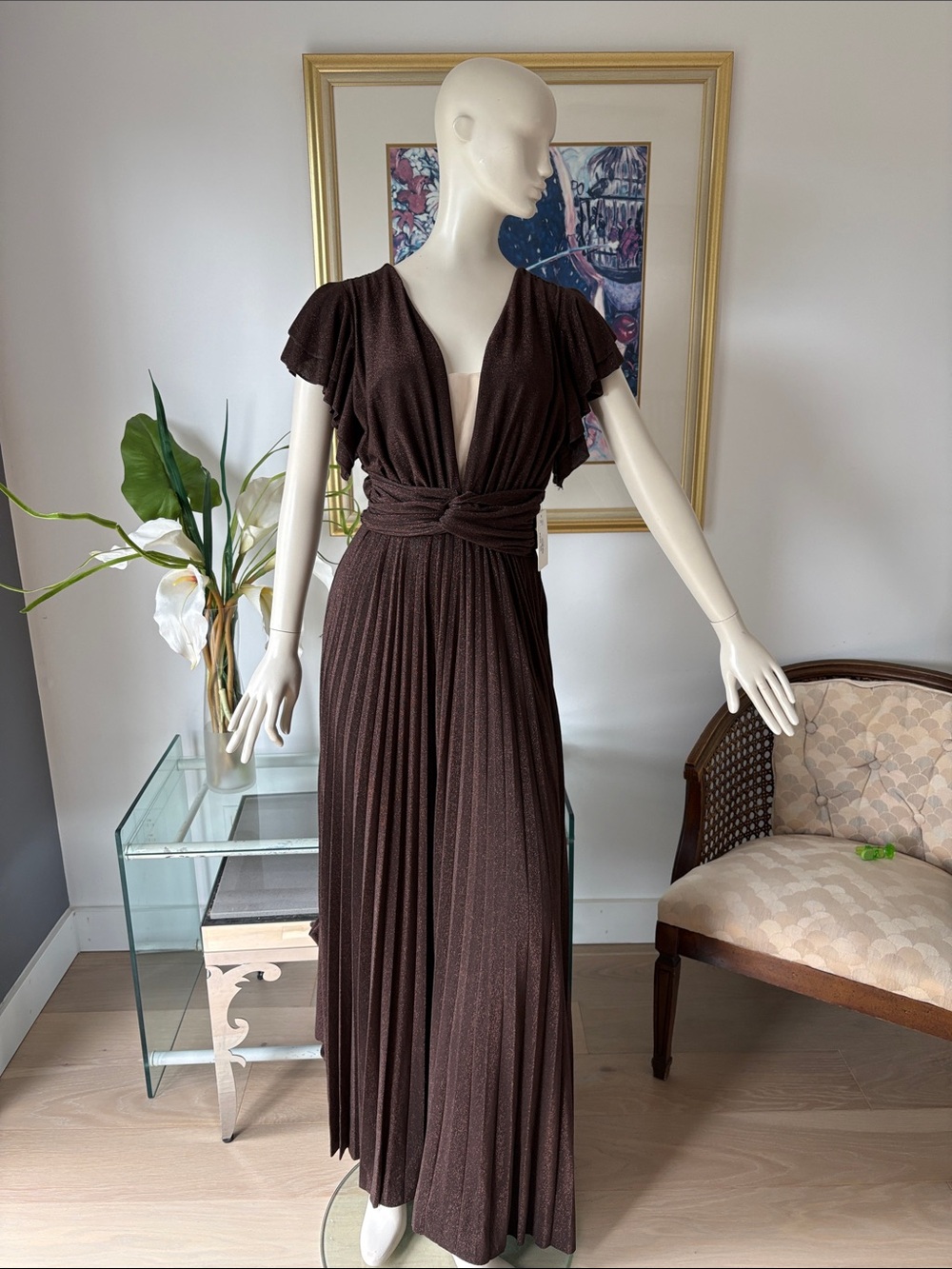 Elegant Brown Pleated V-Neck Maxi Dress